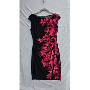 Lauren Ralph Lauren Dress Womens 8 Black Pink Floral Ruched Sheath Boat Neck
